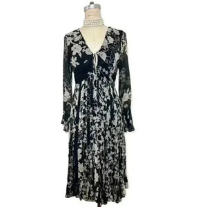 ECI New York Floral Dress Sz 12P Black Silk A Line Knee Length Formal